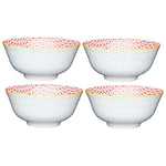 KitchenCraft Set of 4 Glazed Stoneware Bowls with Geometric Pattern, Bright Red & Blue Ceramic Bowls with Footed Base, Microwave & Dishwasher Safe, 15.7 cm (6") Blue Geo,POKCBOWL06