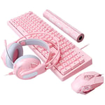Wired Pink 4 In 1 set Wired Keyboard Mouse Combo Set 104 Keys LED Backlit Gaming Keyboard + 4800DPI 7 Buttons RGB Backlit Mice +3.5mm Stereo Headset + Mice Pad for Laptop Computer (Pink Pro)