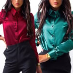 Women Silk Satin Blouse Button Lapel Shirts Office Elegant High Green L