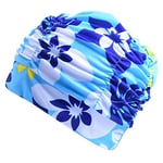 Big Bargain Store not waterproof Swimming cap Ladies and men pleated floral print swimming cap Swimming pool beach surfing long hair ear protection hat hat blue