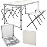 Set Table + 4 Chaises De Camping - Table Pliante Pliable Portable - 120 Cm - En Aluminium et mdf - Couleur Blanc/Crème - Réglable - pour Extérieur