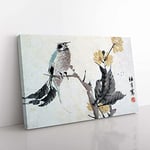 Big Box Art Bird Upon a Branch by Ren Yi Painting Canvas Wall Art Print Ready to Hang Picture, 76 x 50 cm (30 x 20 Inch), White, Grey, Black, Gold, Black