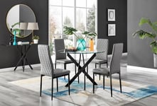 Novara 4 Seater Black Leg Round Glass Dining Table & 4 Milan Faux Leather Black Leg Chairs