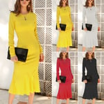 Women Sexy Knitted Long Dress Ruffle Hem Slim Yellow 2xl