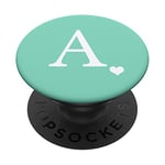 PopSockets White Initial Letter A heart Monogram on Pastel Mint Green PopSockets PopGrip: Swappable Grip for Phones & Tablets