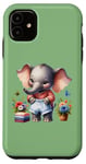 Coque pour iPhone 11 Bébé éléphant vert en tenue, fleurs et papillons