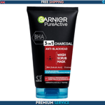 Garnier Pure Active 3 In 1 Charcoal Blackhead Mask Wash Scrub, Aloe Vera, 150 M