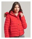 Superdry Womens Faux Fur Short Hooded Puffer Jacket - Red - Size 8 UK