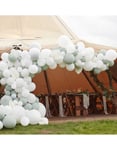 Stor ballongbåge i ljusgröna och vita färger med pappersfläktar - botaniskt bröllop