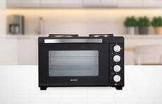 Daewoo Mini Countertop Electric Cooker, 32 Litre Oven And Grill With Hot Plates, 100-230° Adjustable Heat Settings, 60 Minute Timer And Indicator Light. Accessories Included