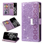 QC-EMART for Samsung Galaxy A20e Phone Wallet Case Large Capacity Card Holders Zipper Pocket Flip Cover Glitter PU Leather Magnetic Blocking Ladies Purse Clutch for Samsung A20e Purple Snowflake