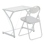 White/White Glass Top Desk & Chair Set Home Study PC Laptop Computer Table