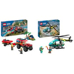 LEGO City 4x4 Fire Engine with Rescue Boat Building Toys for 5 Plus Year Old Boys & City Emergency Rescue Helicopter Toy for 6 Plus Year Old Boys & Girls, Vehicle Building Set with Winch