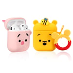 DUANJIN Case for Airpod 2/1 Fashion Cute Silicone Fun Cartoon Cover Kawaii Cool for AirPods 2&1 Unique Design for Air Pods Cases Funny Character for Girls Boys Kids Winnie+Pig (2 Packs)