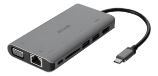 DELTACO USB-C-telakka, HDMI/VGA/2xUSB-A, PD 3.0, harmaa