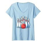 Womens Funny Bowling Pins Scared Faces Strike Bowling Ball Bowler V-Neck T-Shirt