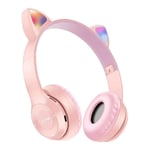 WishHome Foldable Cat Ear Gaming Headphones with Mic, Bluetooth 5.0 Wireless Headphones, Noise Cancelling Headset with Stereo Sound, 3.5mm Audio Jack (Pink)