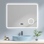 Miroir de salle de bain led avec Loupe 3 Fois 90x70cm Loupe 3x, Interrupteur Tactile, Anti-buée, Horloge Lumière Blanche Froide - Emke