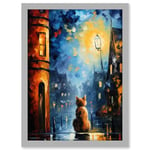 A Street Cat Named Desire Palette Knife Oil Painting Ginger Cat Village Night Artwork Framed A3 Wall Art Print