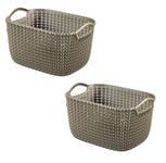Curver Knit Collection Rectangle Handled Plastic Kitchen Garden Storage Basket (Small Harvest Brown, Set of 2)