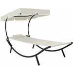 Helloshop26 - Transat chaise longue bain de soleil lit de jardin terrasse meuble d'extérieur avec auvent et oreiller blanc crème - Blanc