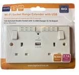 BG 13A Switched Double Socket Wi-Fi Extender With USB Charger (2.1A Ot/Pt) White