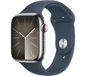 APPLE Watch Series 9 Cellular - 45 mm Silver Stainless Steel Case with Storm Blue Sport Band, S/M, Stainless Steel