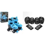 Xootz Kids Quad Skates, Beginner Adjustable Roller Skates Boys, Blue/Black & Osprey Kids' Skate Bmx Pads - Knee, Elbow and Wrist Protective Set - 6 Piece Scooter Streetsport Pad Set - Black - Medium