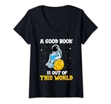 Womens A Good Book is Out of This World Astronaut Moon Book Lover V-Neck T-Shirt
