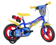 Dino Bikes, 612L-SC Kids Bike Bicycle, Sonic The Hedgehog, 12 inch with training wheel stabilisers and drinks bottle, suits child 3-5 Years, Blue, Yellow, Red