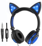 Olyre Cat Headphones for Girls Boys,Flashing LED Headphones with Microphone On Ear Universal Wired 3.5mm Stereo Headset for Computer Tablet Mobile Phones(Blue)