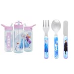 Disney Frozen Magic Personalised Sticker Water Bottle with Straw 500ml & II Frozen 3 Piece Cutlery Set – Metal, Reusable Children's Knife, Fork & Spoon, Kids-Size