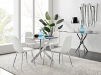 Novara Clear Tempered Glass 100cm Round Dining Table with Chrome Starburst Legs & 4 Corona Faux Leather Silver Leg Chairs