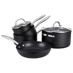 Prestige Scratch Guard Non Stick Pots and Pans Set of 5 with Frying Pan, Stockpot & 3 Piece Saucepan Set - Induction Suitable, Dishwasher Safe, Scratch Resistant Cookware, Black