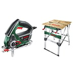 Bosch Home and Garden NanoBlade Saw AdvancedCut 50 (500 W, nanoBLADE Technology, in case) & Work Bench PWB 600 (4 Blade Clamps, Cardboard Box, max. Load Capacity: 200 kg)