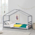 [en.casa]® Barn sängstomme Vardø i "Hus" utförande inkl. ribbotten-206x98x142 cm-furu-grå-bäddmått:200x90cm