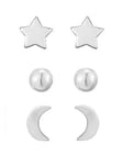 The Love Silver Collection Sterling Silver 3 pack Moon, Star, Ball Stud Earrings, Silver, Women