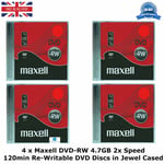 4 x Maxell DVD-RW 4.7GB 2x Speed 120min Re-Writable DVD New Discs in Jewel Cased