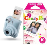 Fujifilm instax Mini Appareil Photo instantané 12, Exposition Automatique avec Objectif Selfie intégré, Bleu Pastel & W891719 Fujifilm Mini Monopack Candy Pop (10v)