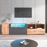 Meuble tv 190cm, avec éclairage led, façade en verre, 3 portes, compartiments multiples, coloris bois naturel - gris foncé
