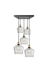 Brooklyn Tinted Glass Schoolhouse 5 Wire Square Cluster Lights, 10 inch, Smoke Grey, Brass holder