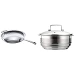 LE CREUSET 3-Ply Stainless Steel Uncoated Frying Pan, 28 x 6 cm Stainless Steel Multi Steamer Insert with Glass Lid, for use with 3Ply Stainless Steel Pans, 16 cm to 20 cm