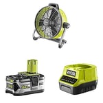 Ryobi R18F5-0 ONE+ Cordless Floor Fan (Bare Tool), 18 V + RB18L50 ONE+ Lithium+ 5.0Ah Battery, 18 V + RC18120 18V ONE+ Compact Charger