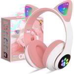 Bluetooth-hörlurar för barn, söta kattöron LED-ljus uppfällbara hörlurar Stereo över örat med mikrofon/TF-kort Trådlösa hörlurar för iPhone PIink