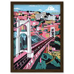 Artery8 Clifton Suspension Bridge Pink and Teal Cityscape Artwork Framed Wall Art Print A4