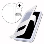 Super Pack-skydd för Ulefone Power 6 Extra Slim 2 Eco-läderfönster + 2 högtransparens skyddsglasögon VIT
