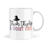Tongue in Peach Halloween Mugs | Thick Thighs & Spooky Vibes Mug | Novelty Mug for Her Him Autumn Pumpkin Trick Or Treat Scary Witch Mug Bestie | MBH2153