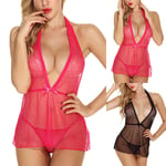 Women Sexual Transparent Lace Halter-neck Sling Dress Rose Red Xl