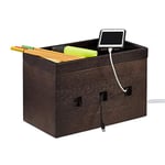 Relaxdays Bamboo Cable Box, Hide Lead Extensions & Cables, Desk Organiser, 16.5x25.5x14cm, Dark Brown