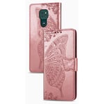 JIAFEI Case Compatible for Motorola Moto E7 Plus / G9 Play, Butterfly Embossed Premium PU Leather Flip Wallet Cover with Bracket Stand/Card Slot Features, Rose gold